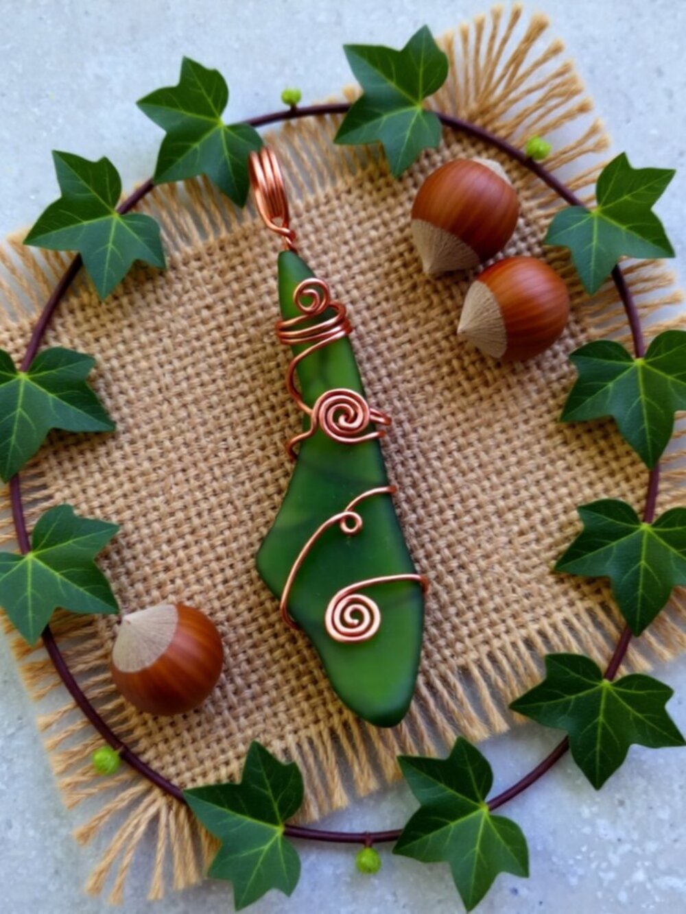 Wire Wrapped Curved Tumbled Green Glass Pendant: SeaGlass Festival ForestCore
